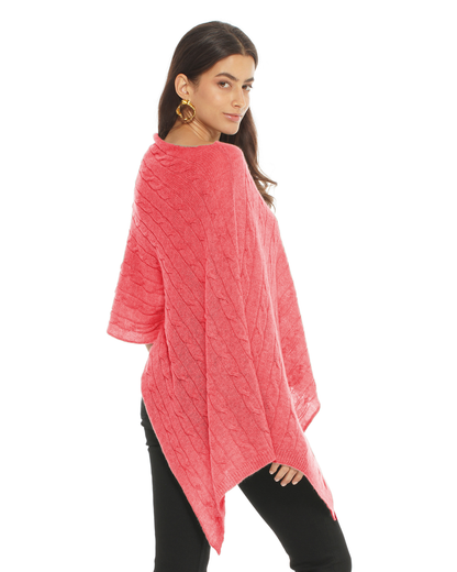 Women's Pure Cashmere Textured Knit Poncho Coral Red