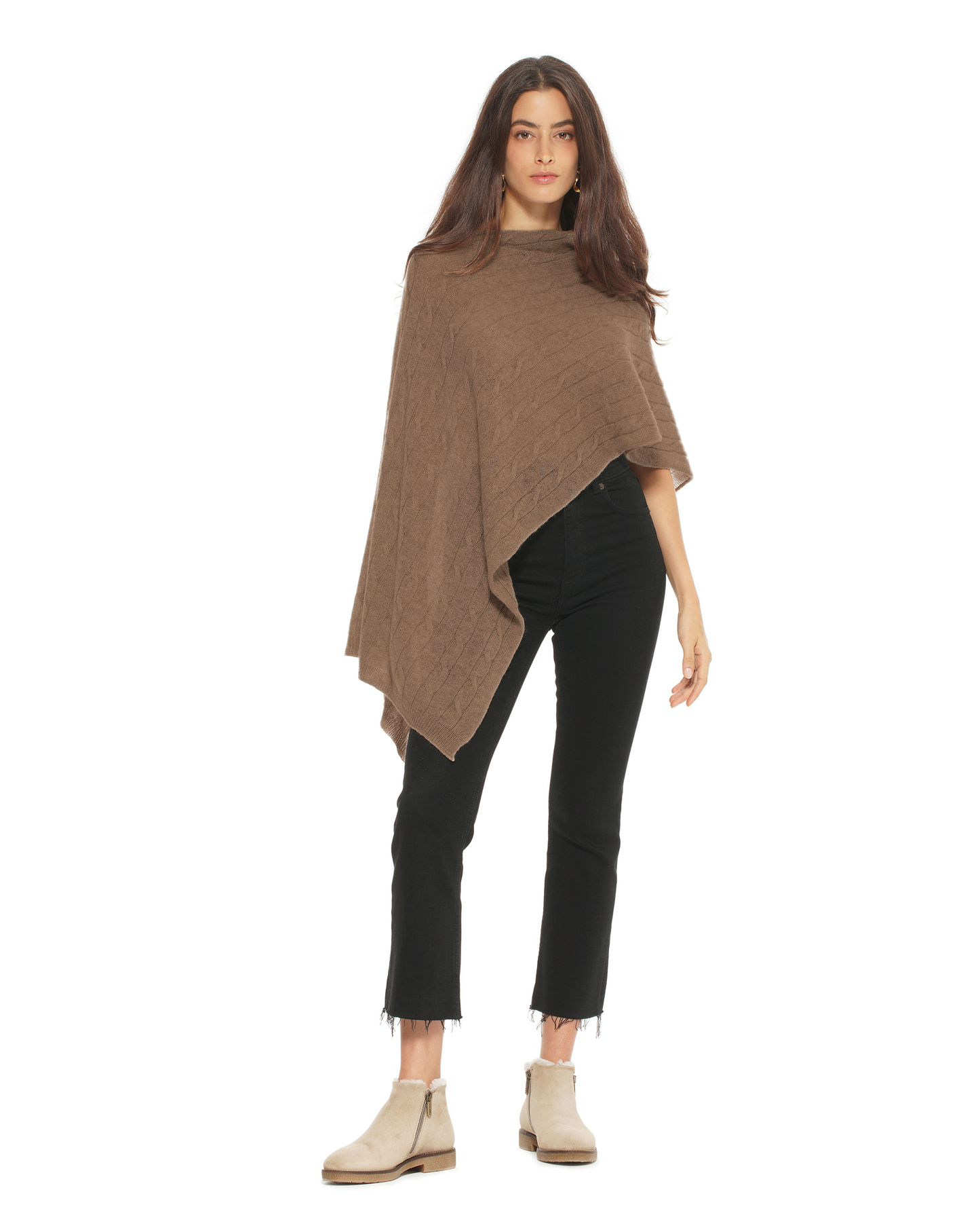 Women's Pure Cashmere Textured Knit Poncho Brown