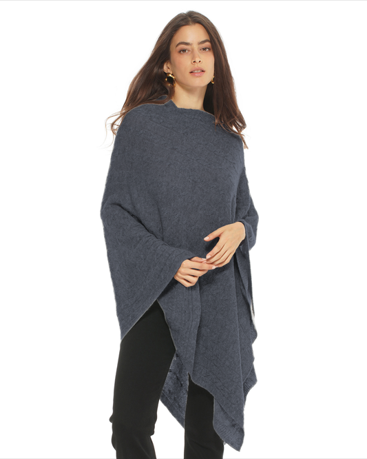 Women's Pure Cashmere Textured Knit Poncho Charcoal