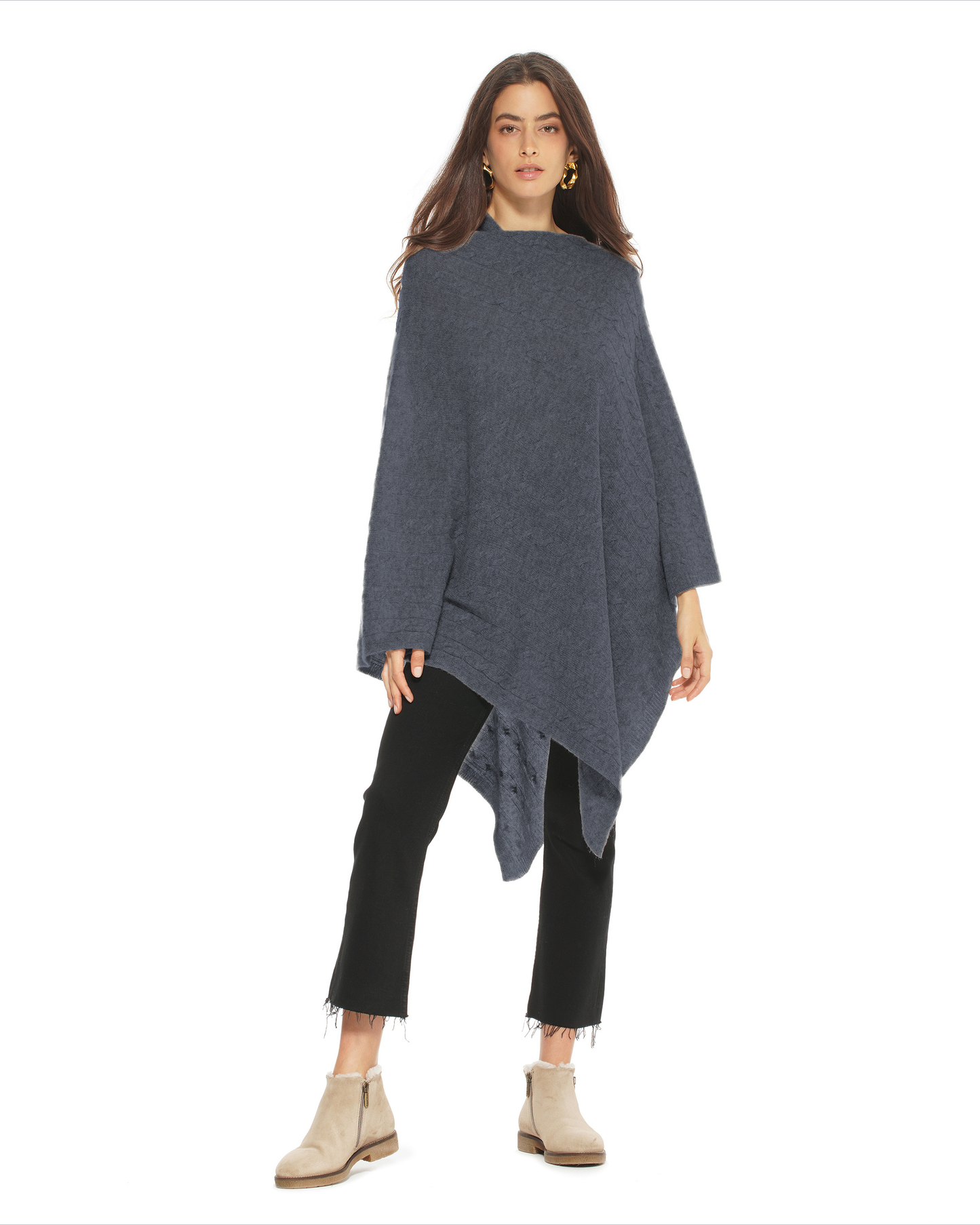 Women's Pure Cashmere Textured Knit Poncho Charcoal