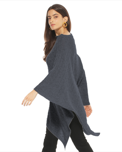 Women's Pure Cashmere Textured Knit Poncho Charcoal