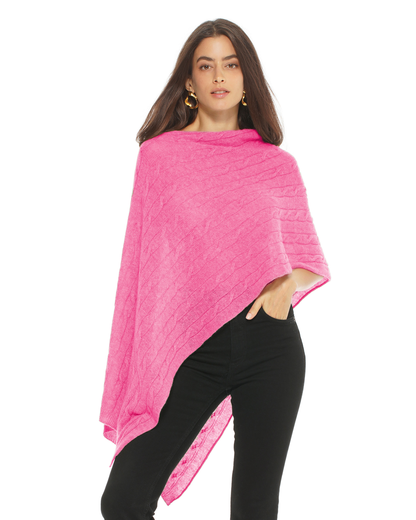Women's Pure Cashmere Textured Knit Poncho Fuchsia
