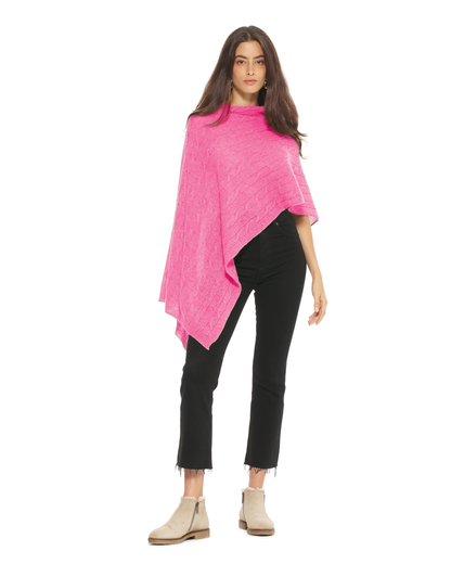 Women's Pure Cashmere Textured Knit Poncho Fuchsia