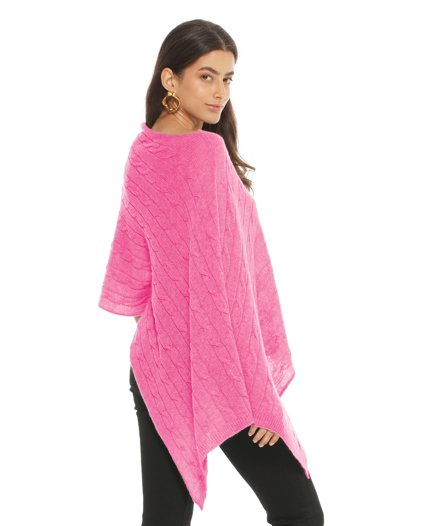 Women's Pure Cashmere Textured Knit Poncho Fuchsia