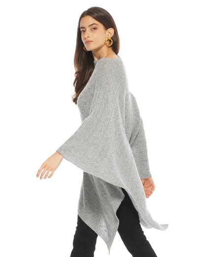 Women's Pure Cashmere Textured Knit Poncho Light Gray