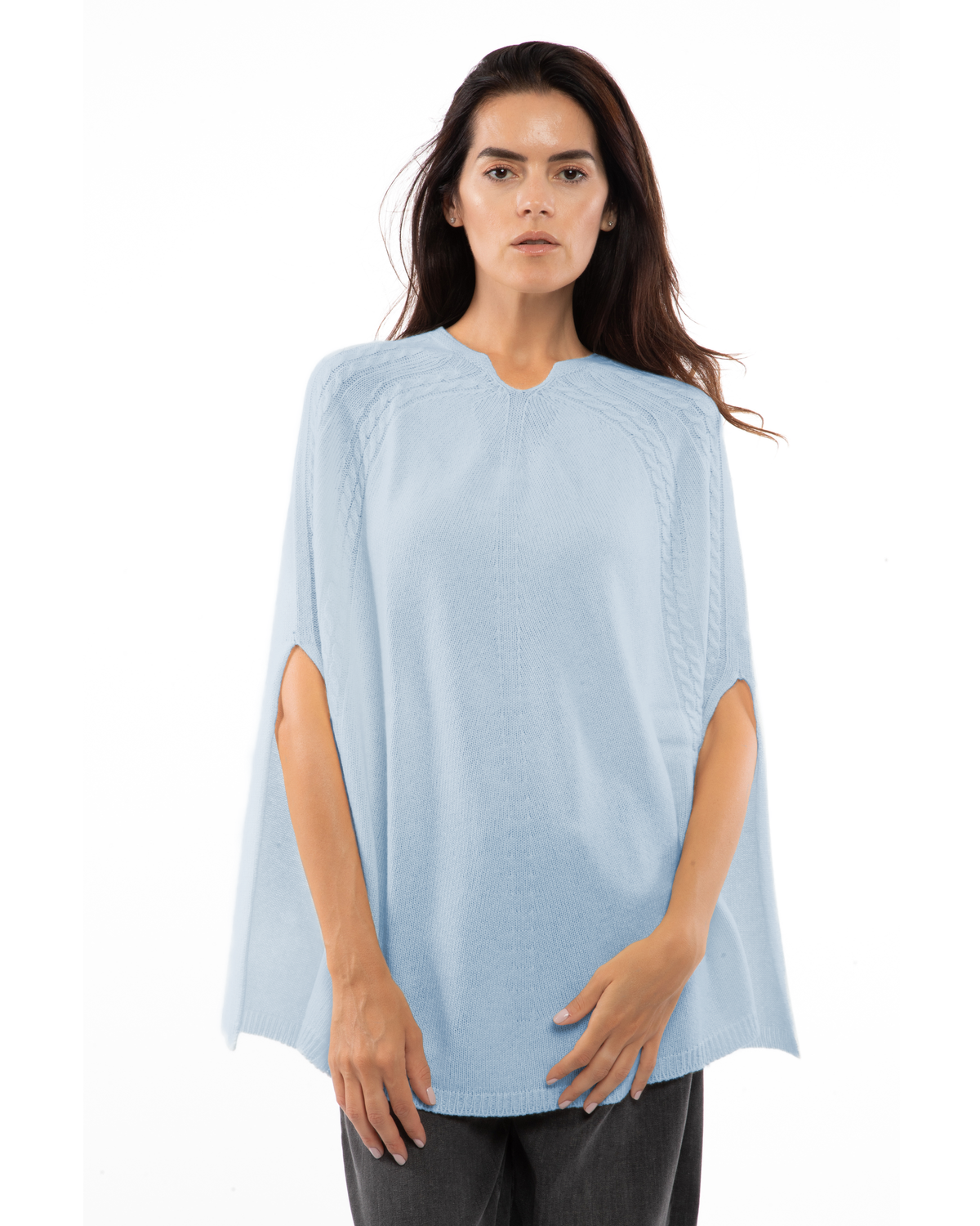 Women's Pure Cashmere Elegant Cable Knit Poncho Baby Blue