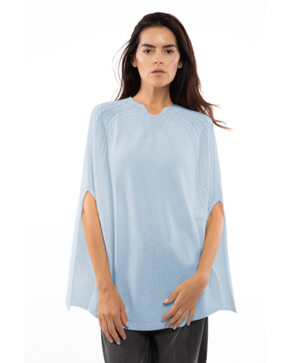 Women's Pure Cashmere Elegant Cable Knit Poncho Baby Blue