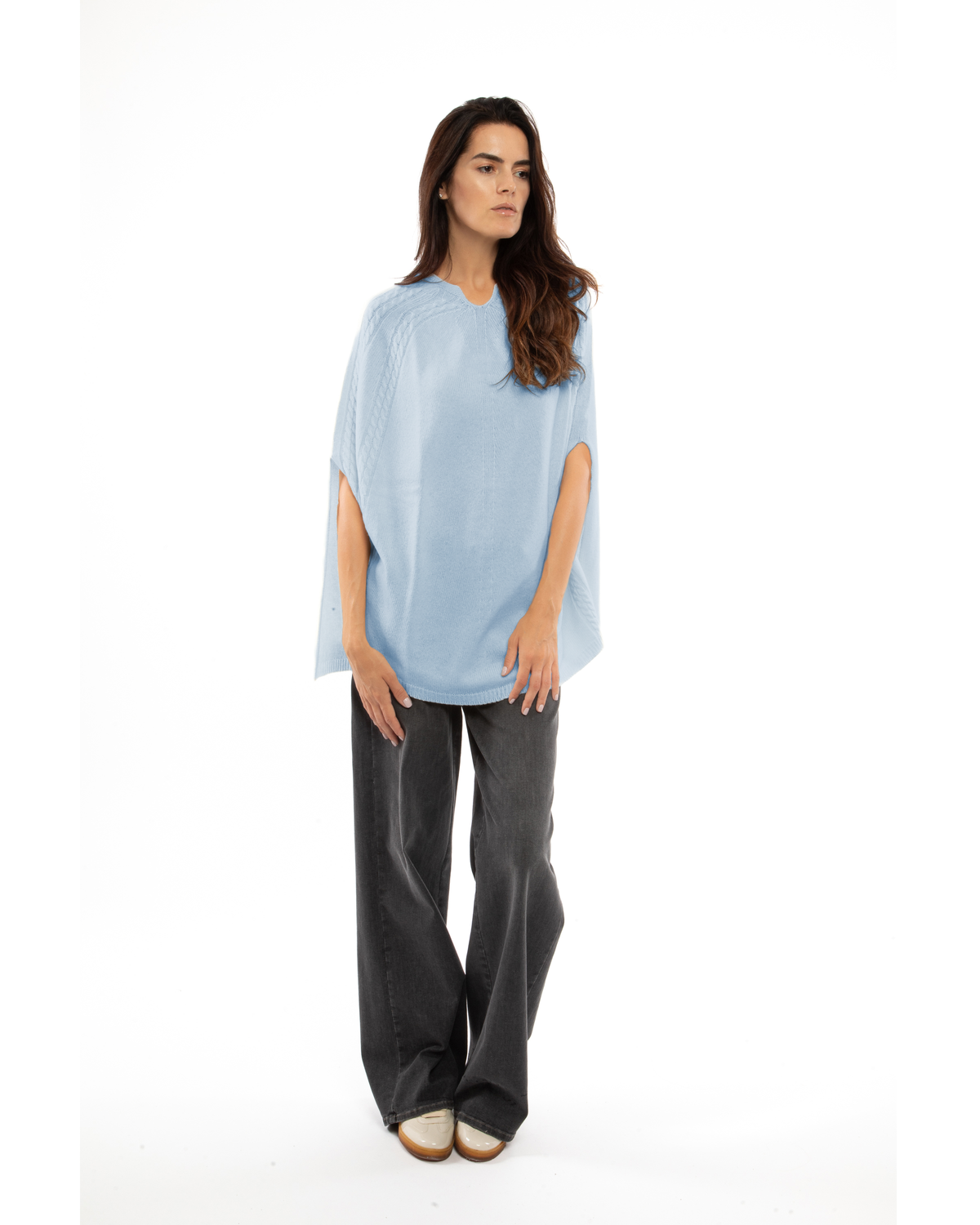 Women's Pure Cashmere Elegant Cable Knit Poncho Baby Blue