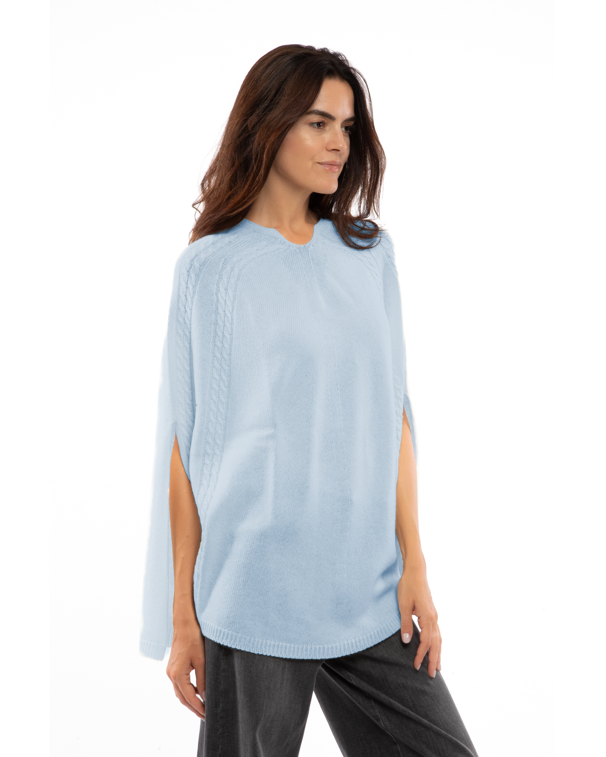 Women's Pure Cashmere Elegant Cable Knit Poncho Baby Blue