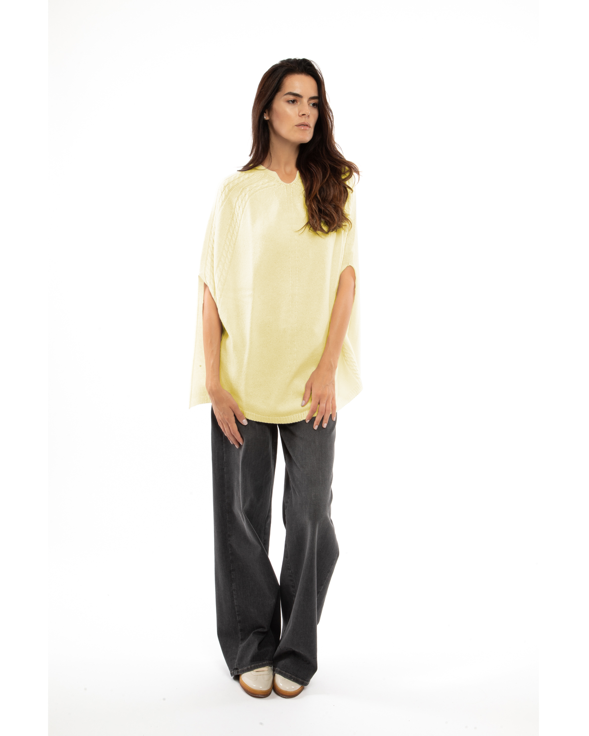 Women's Pure Cashmere Elegant Cable Knit Poncho Butter Yellow