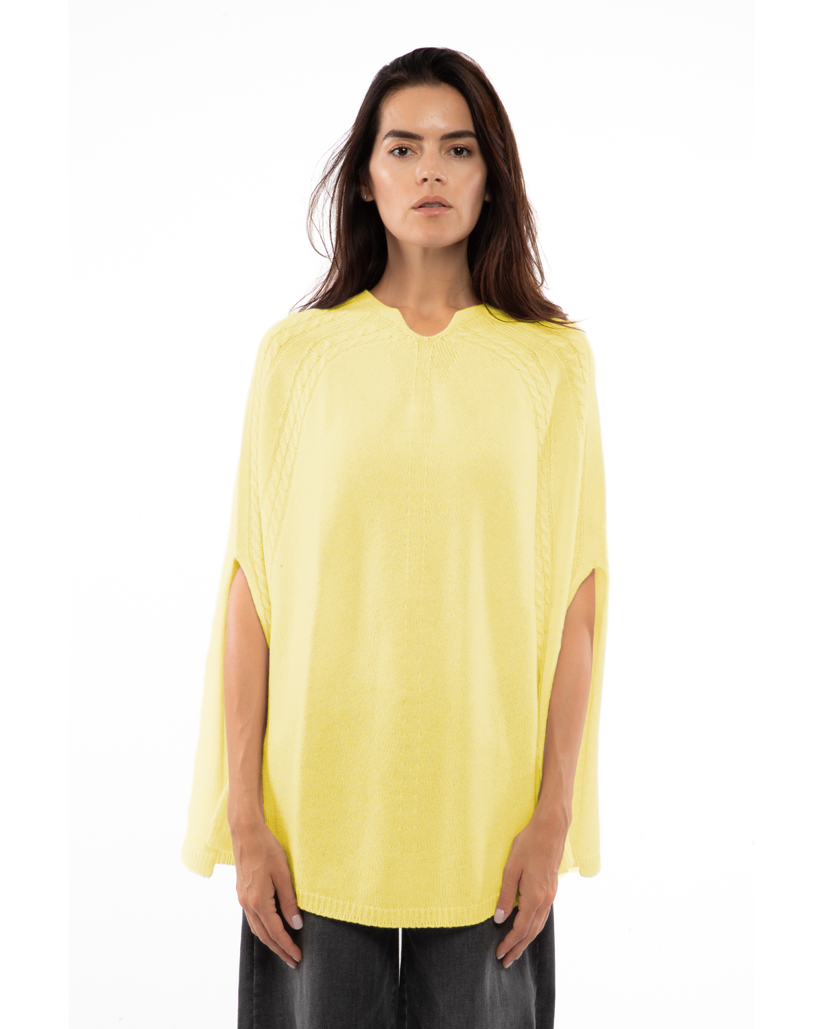 Women's Pure Cashmere Elegant Cable Knit Poncho Lemon Yellow