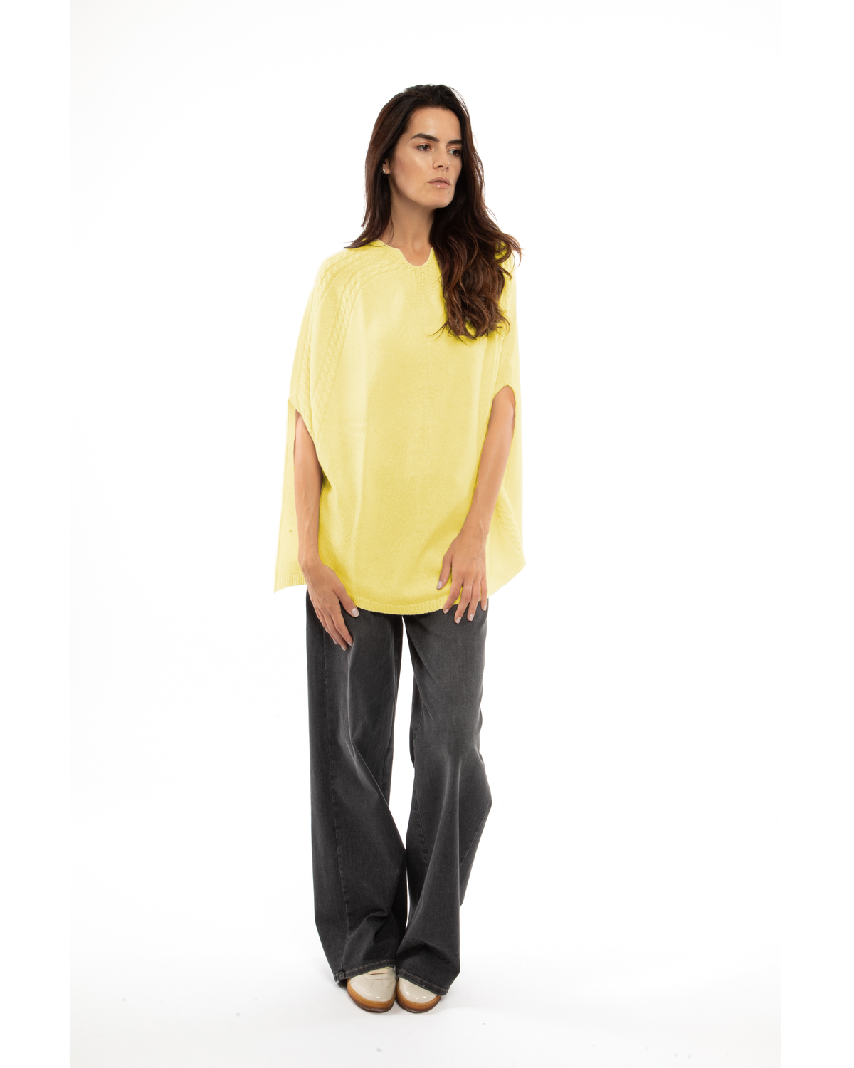 Women's Pure Cashmere Elegant Cable Knit Poncho Lemon Yellow
