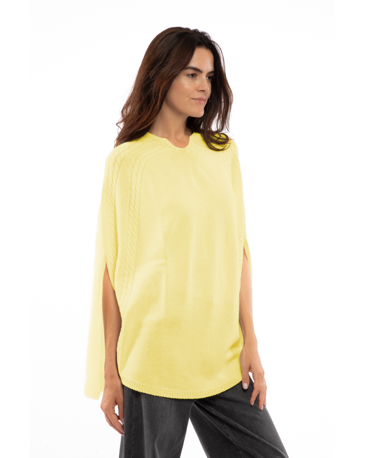 Women's Pure Cashmere Elegant Cable Knit Poncho Lemon Yellow