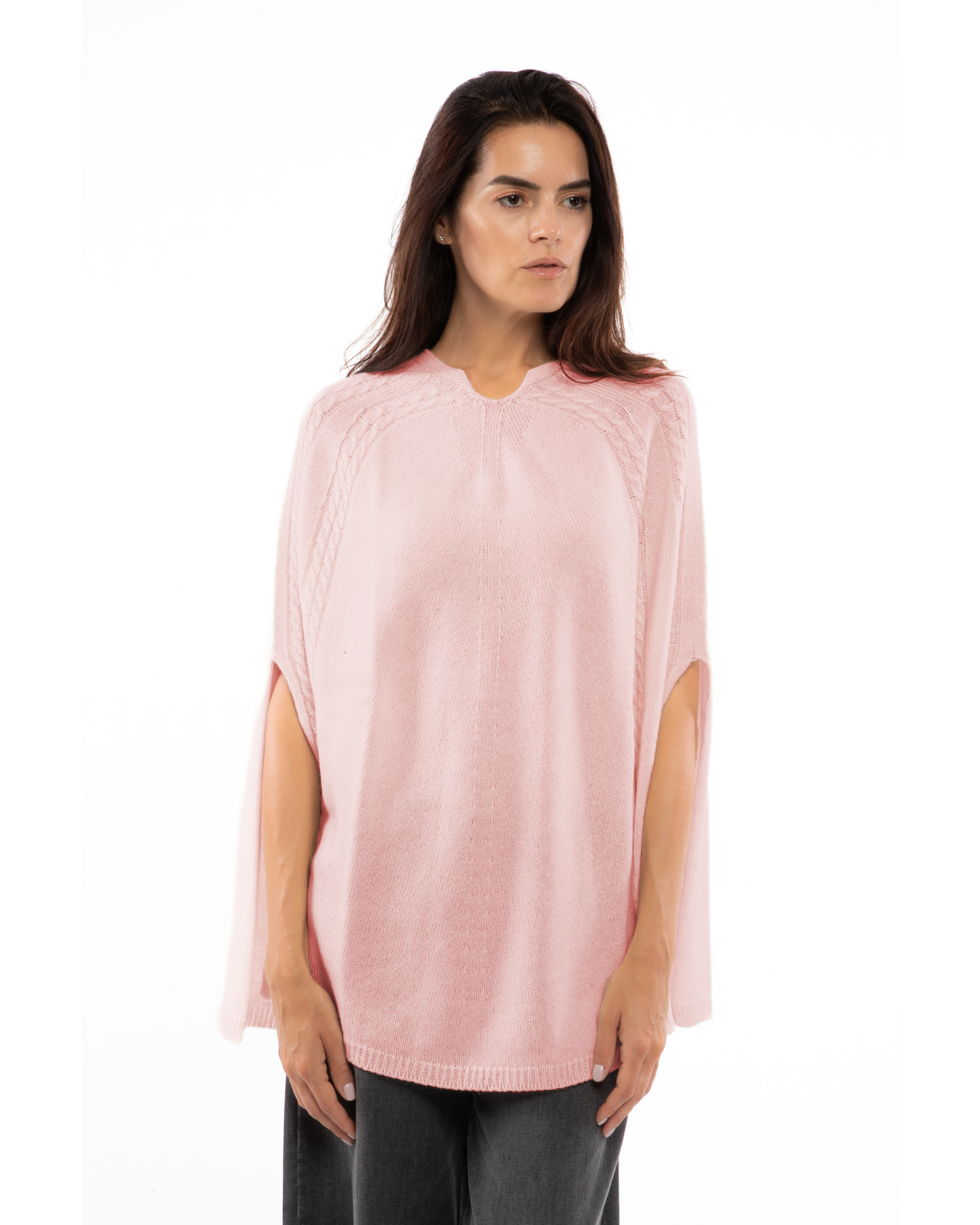Women's Pure Cashmere Elegant Cable Knit Poncho Old Rose