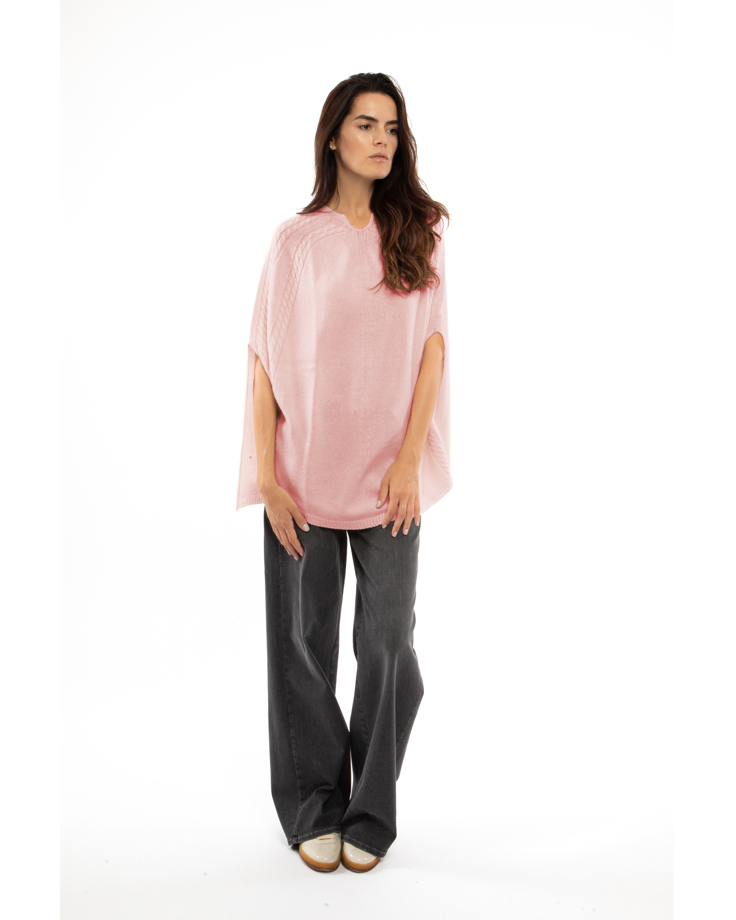 Women's Pure Cashmere Elegant Cable Knit Poncho Old Rose