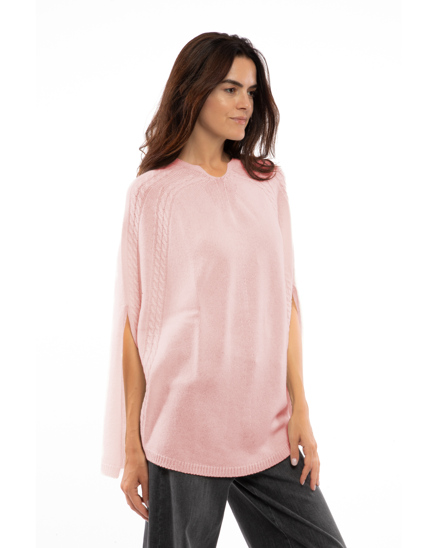 Women's Pure Cashmere Elegant Cable Knit Poncho Old Rose