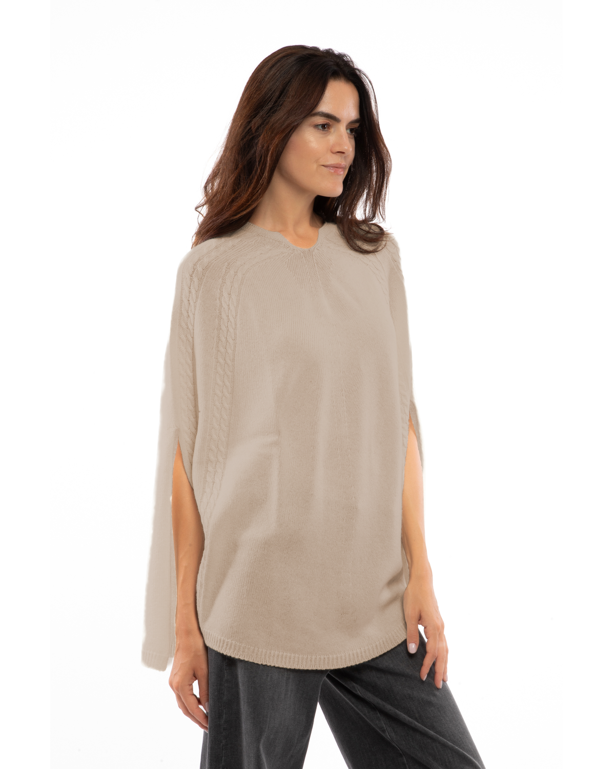 Women's Pure Cashmere Elegant Cable Knit Poncho Taupe