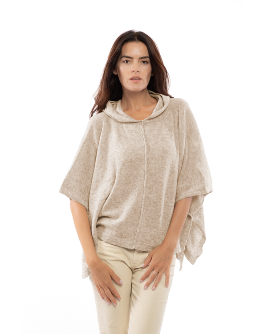 Women's Cashmere Button Hoodie Poncho Beige
