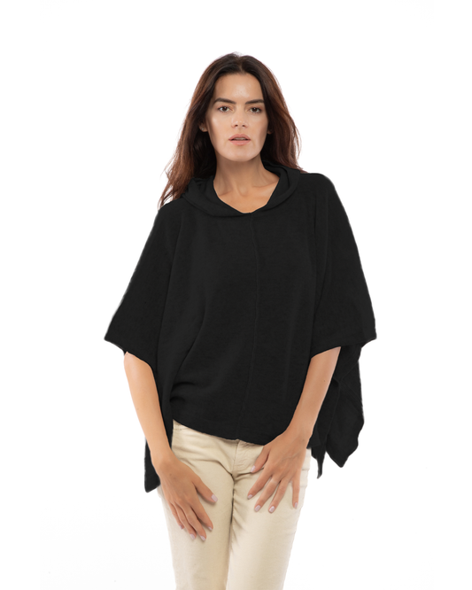 Women's Cashmere Button Hoodie Poncho Black