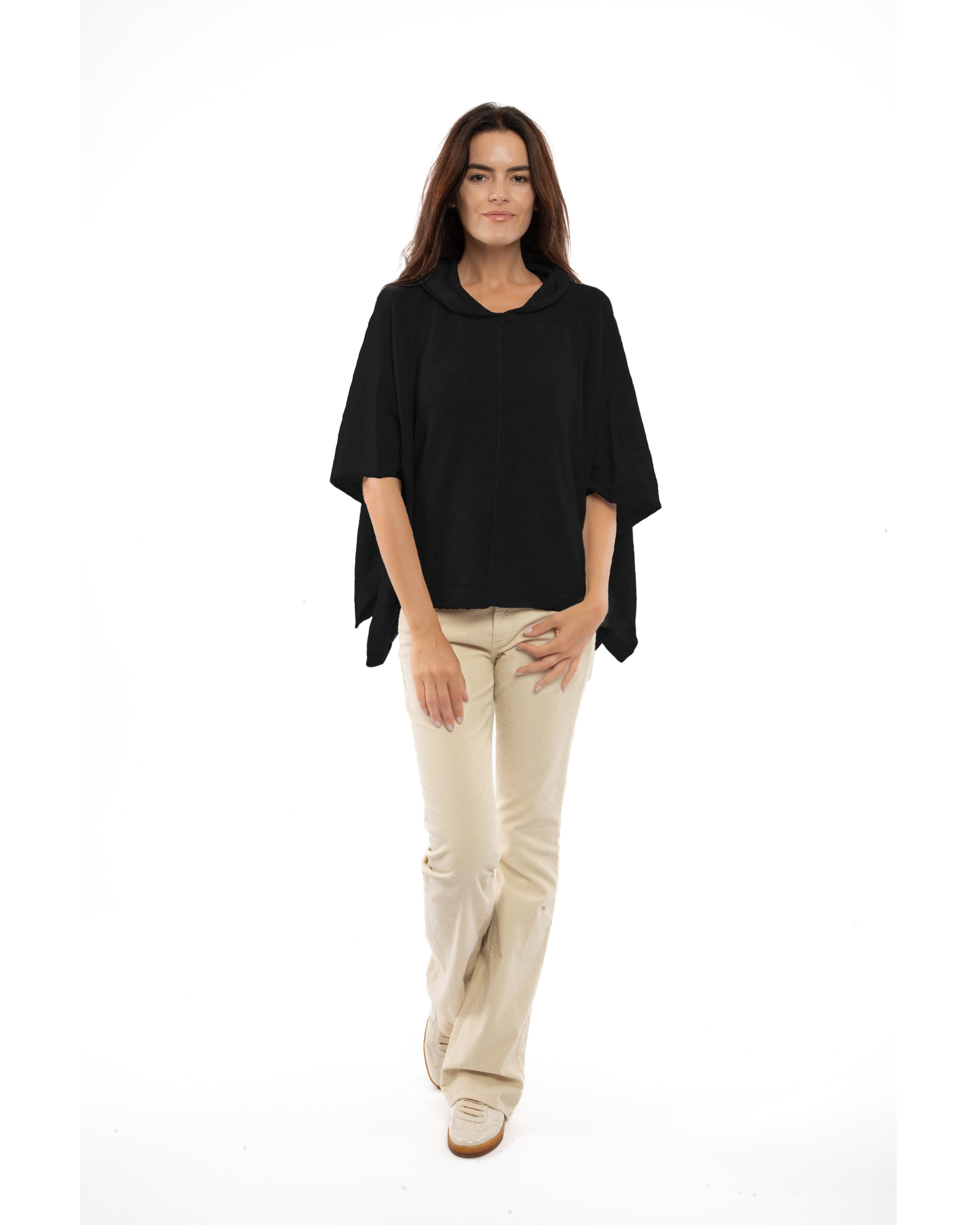 Women's Cashmere Button Hoodie Poncho Black