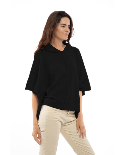 Women's Cashmere Button Hoodie Poncho Black