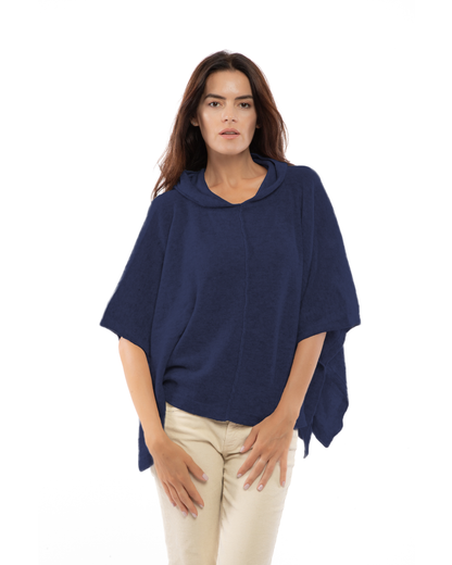 Women's Cashmere Button Hoodie Poncho Blue