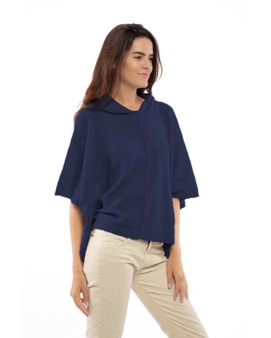Women's Cashmere Button Hoodie Poncho Blue