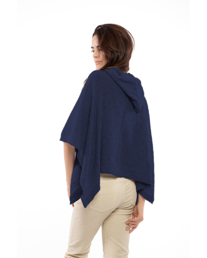 Women's Cashmere Button Hoodie Poncho Blue