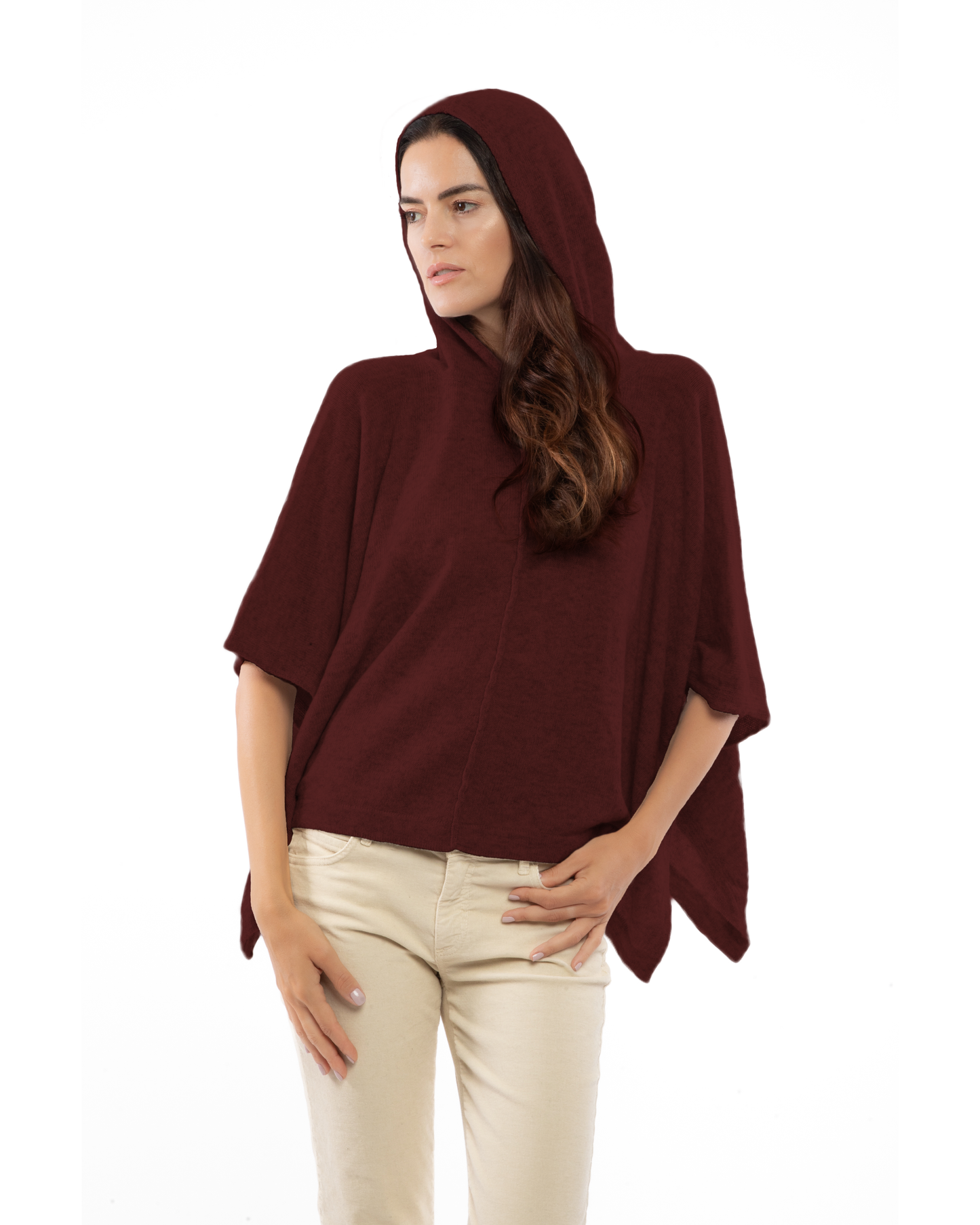 Women's Cashmere Button Hoodie Poncho Bordeaux