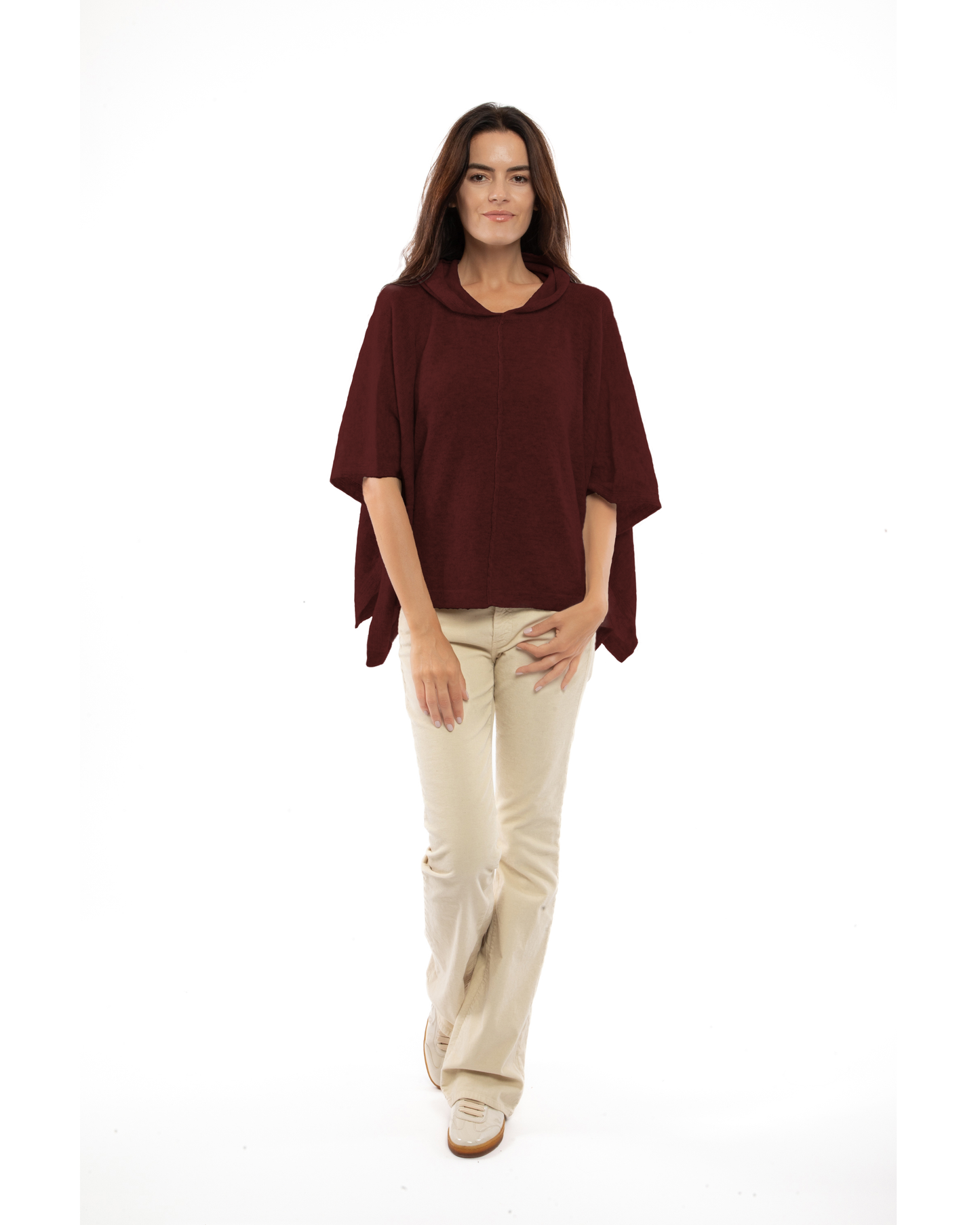 Women's Cashmere Button Hoodie Poncho Bordeaux