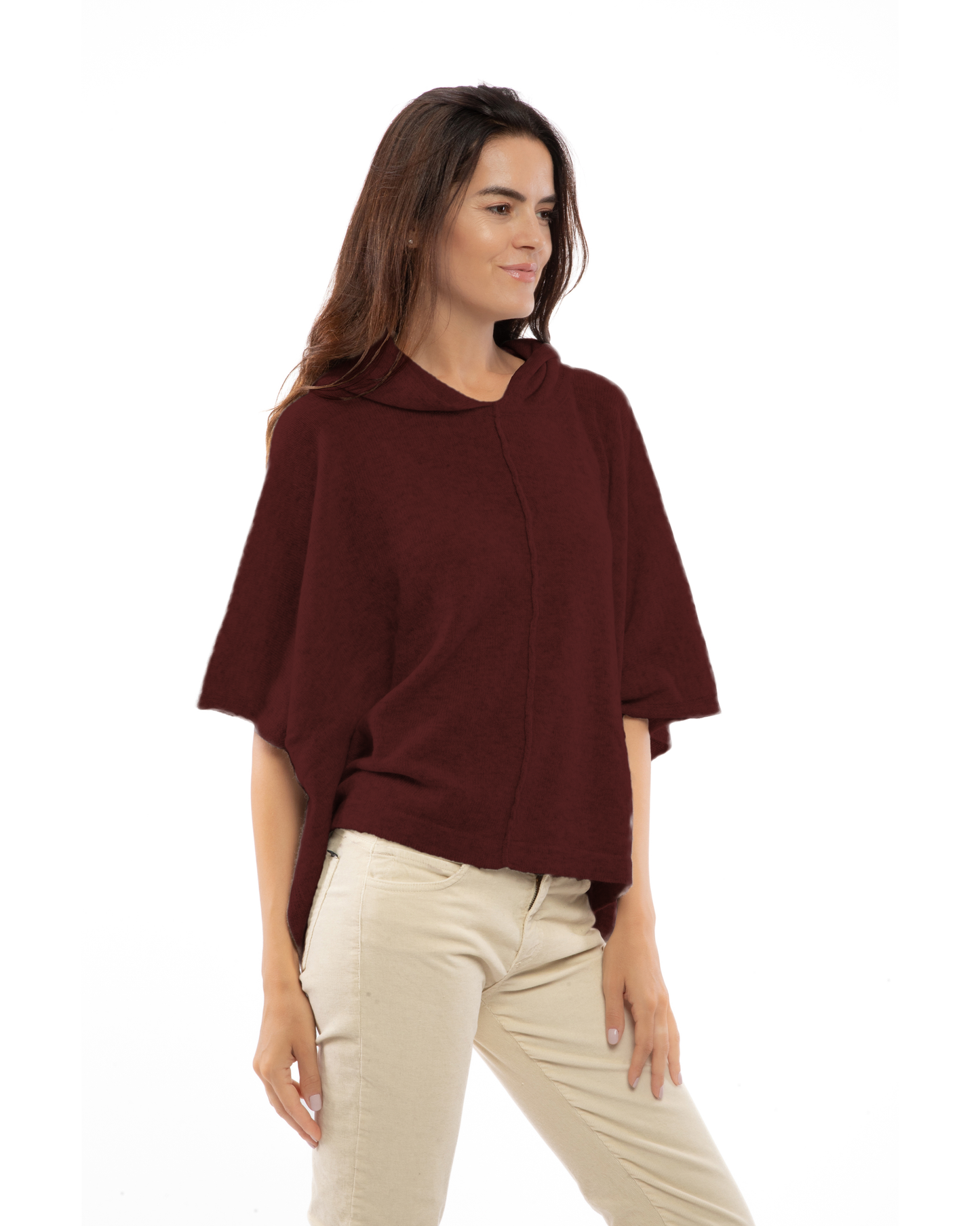 Women's Cashmere Button Hoodie Poncho Bordeaux
