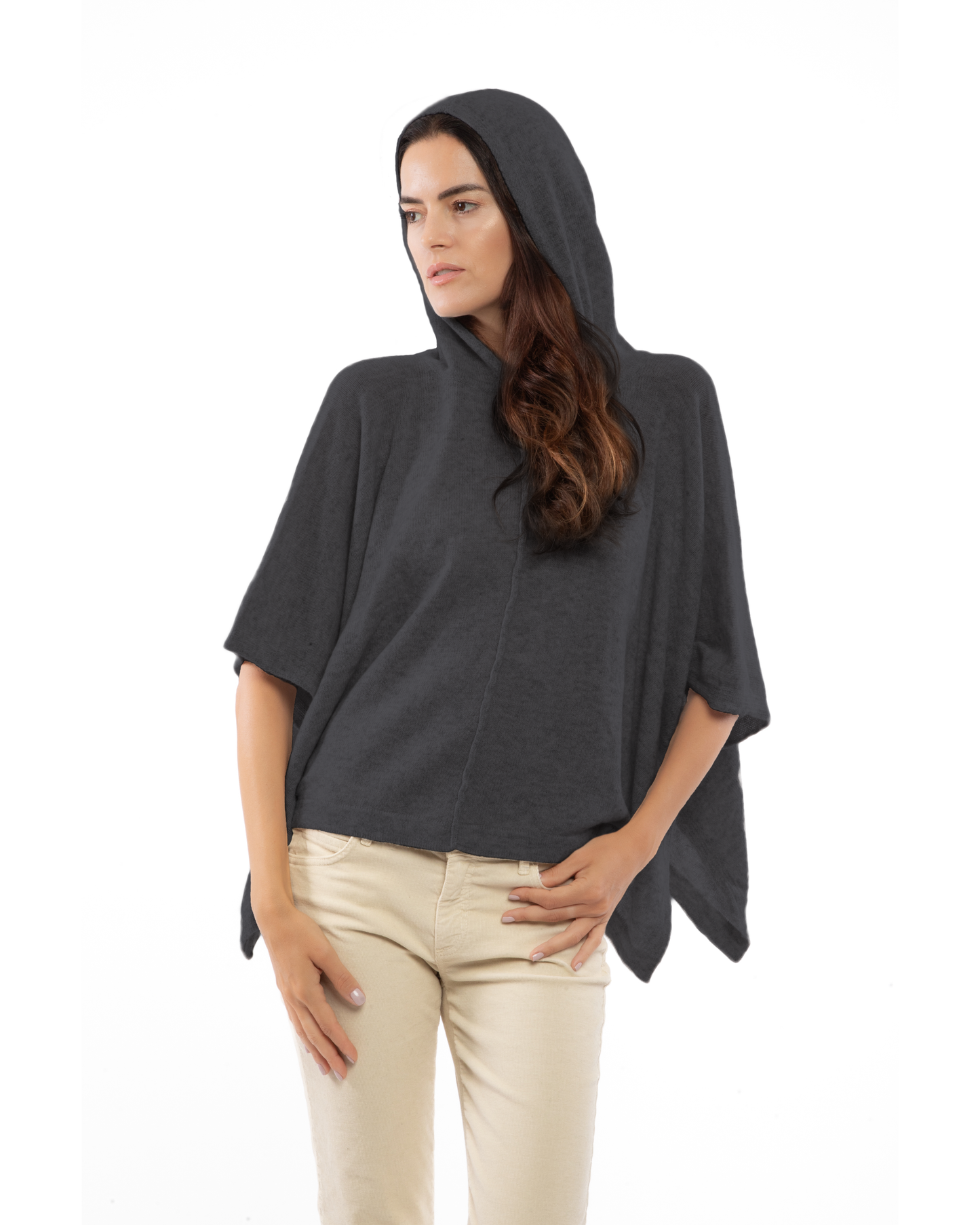 Women's Cashmere Button Hoodie Poncho Charcoal