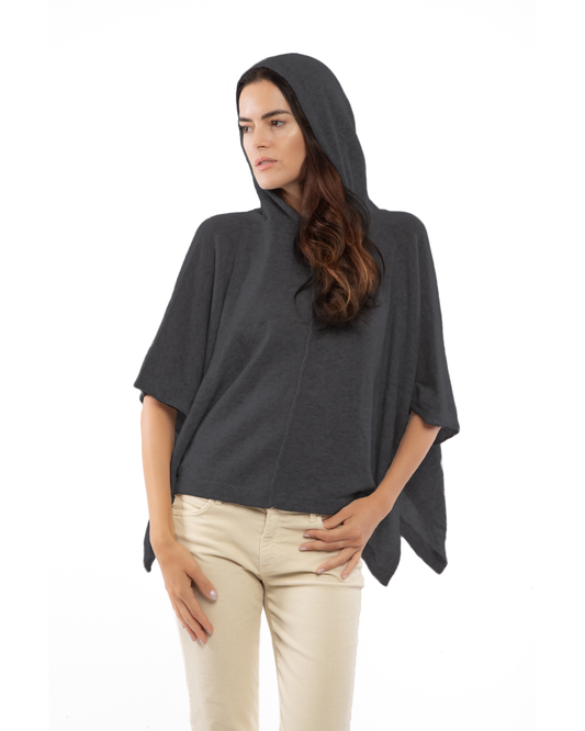 Women's Cashmere Button Hoodie Poncho Charcoal