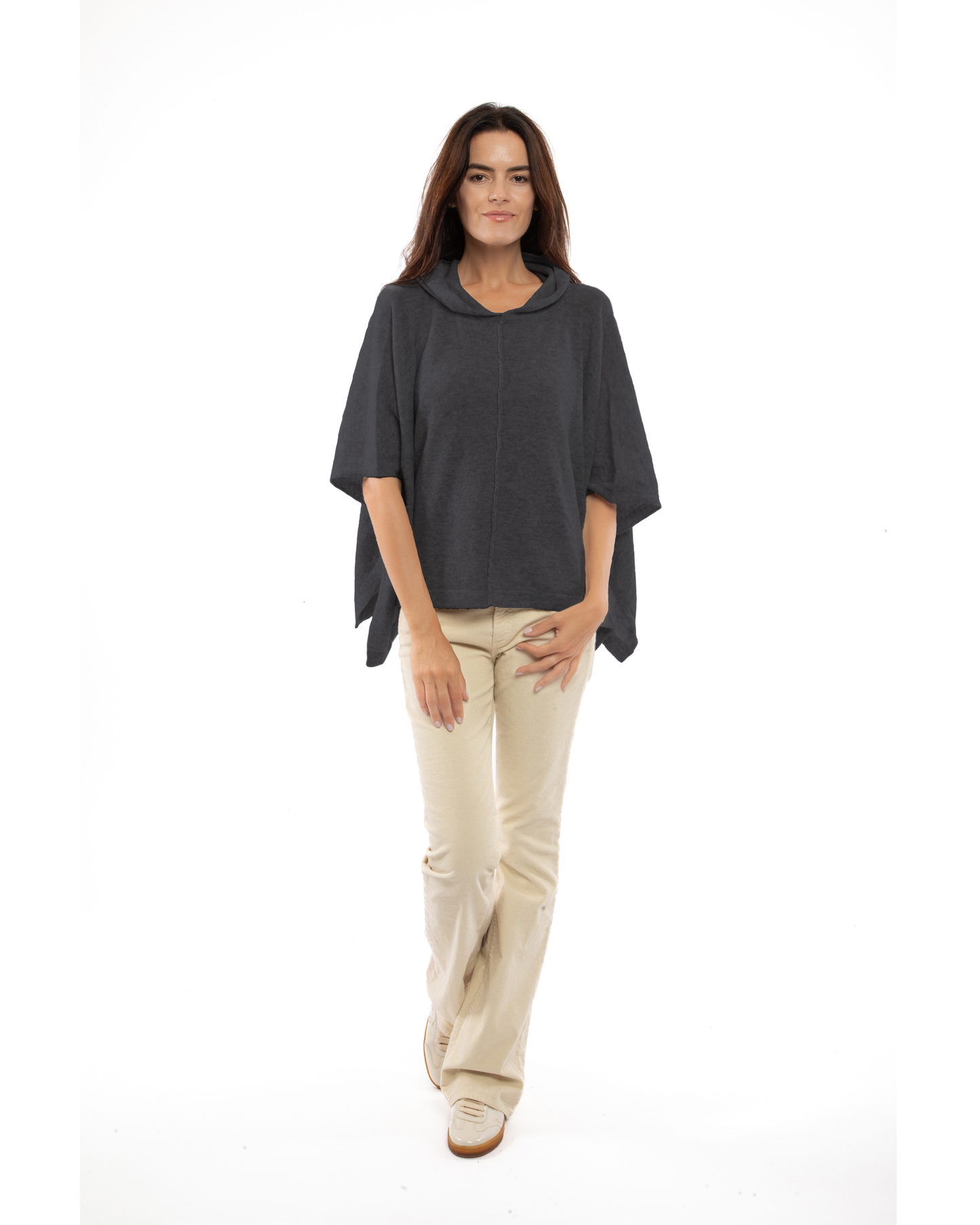 Women's Cashmere Button Hoodie Poncho Charcoal