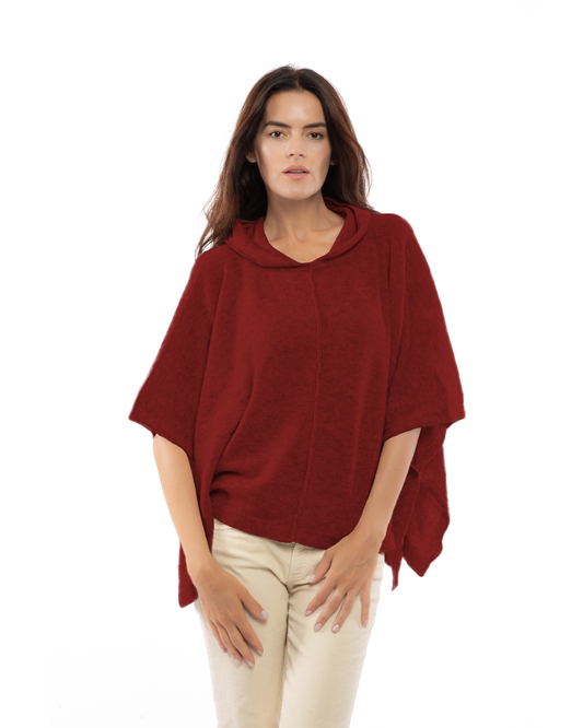 Women's Cashmere Button Hoodie Poncho Chianti