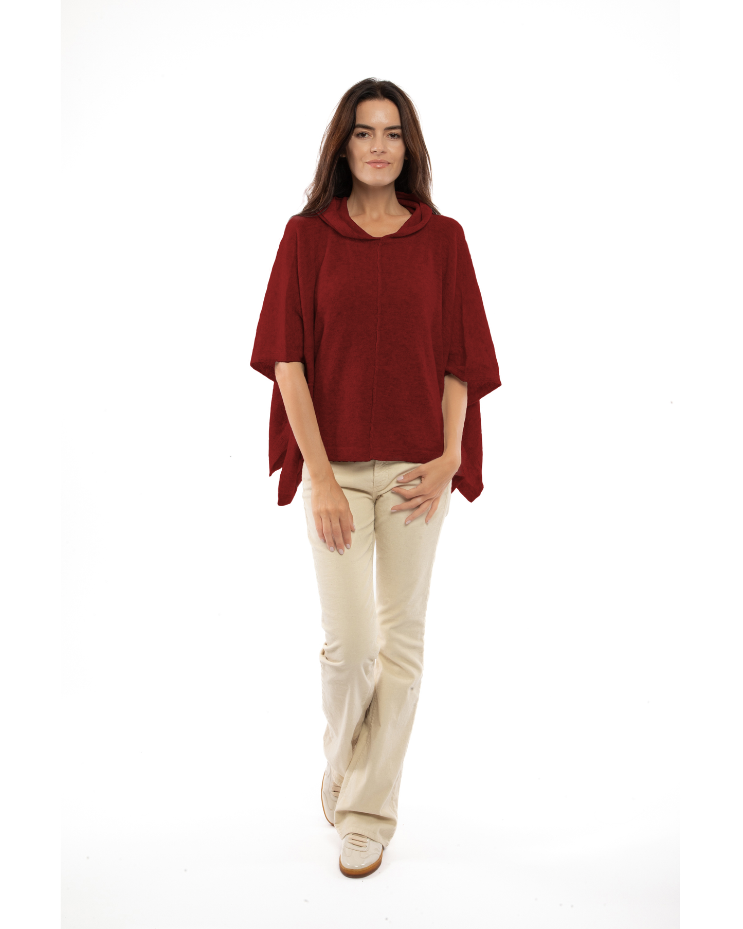Women's Cashmere Button Hoodie Poncho Chianti