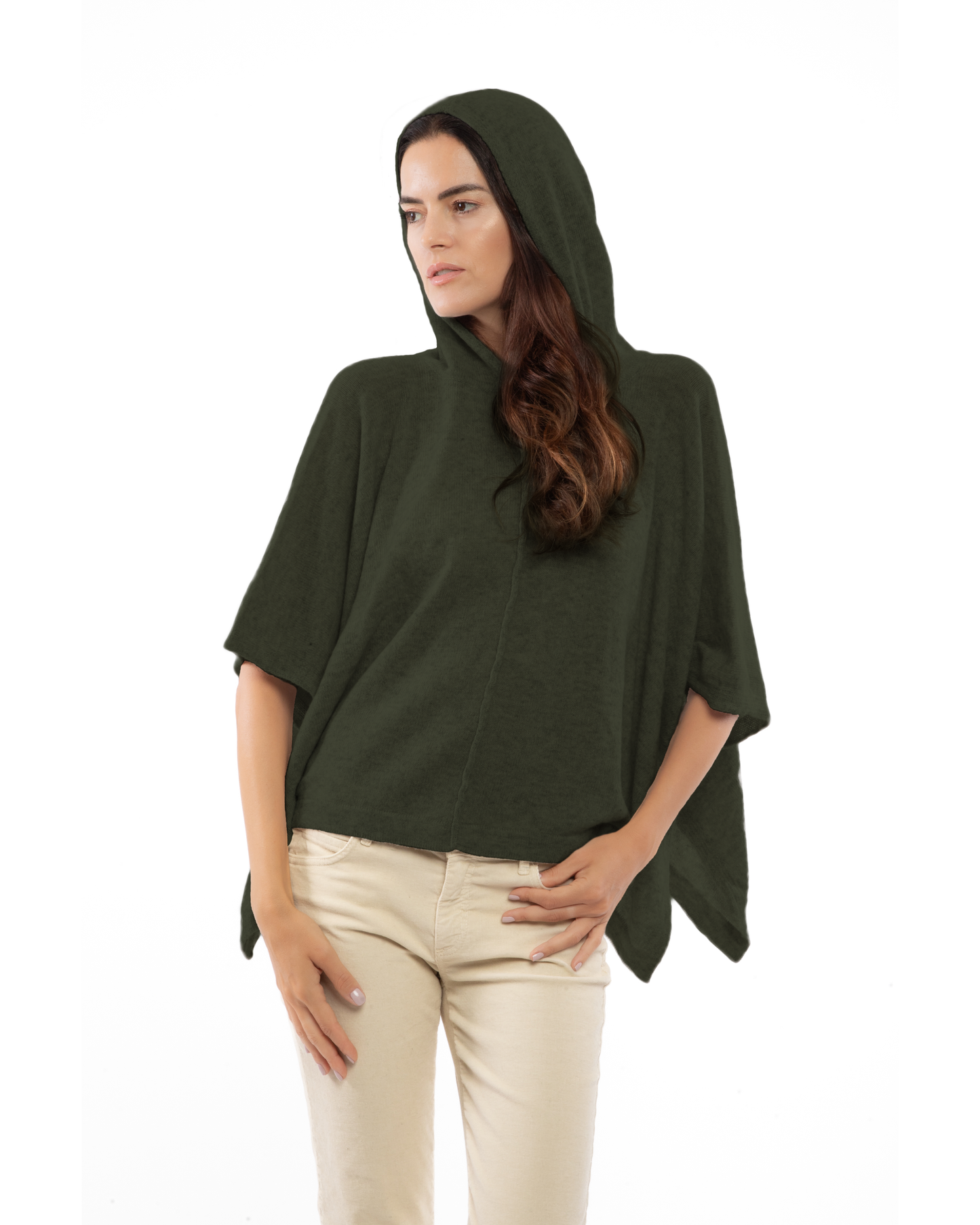 Women's Cashmere Button Hoodie Poncho Olive Green