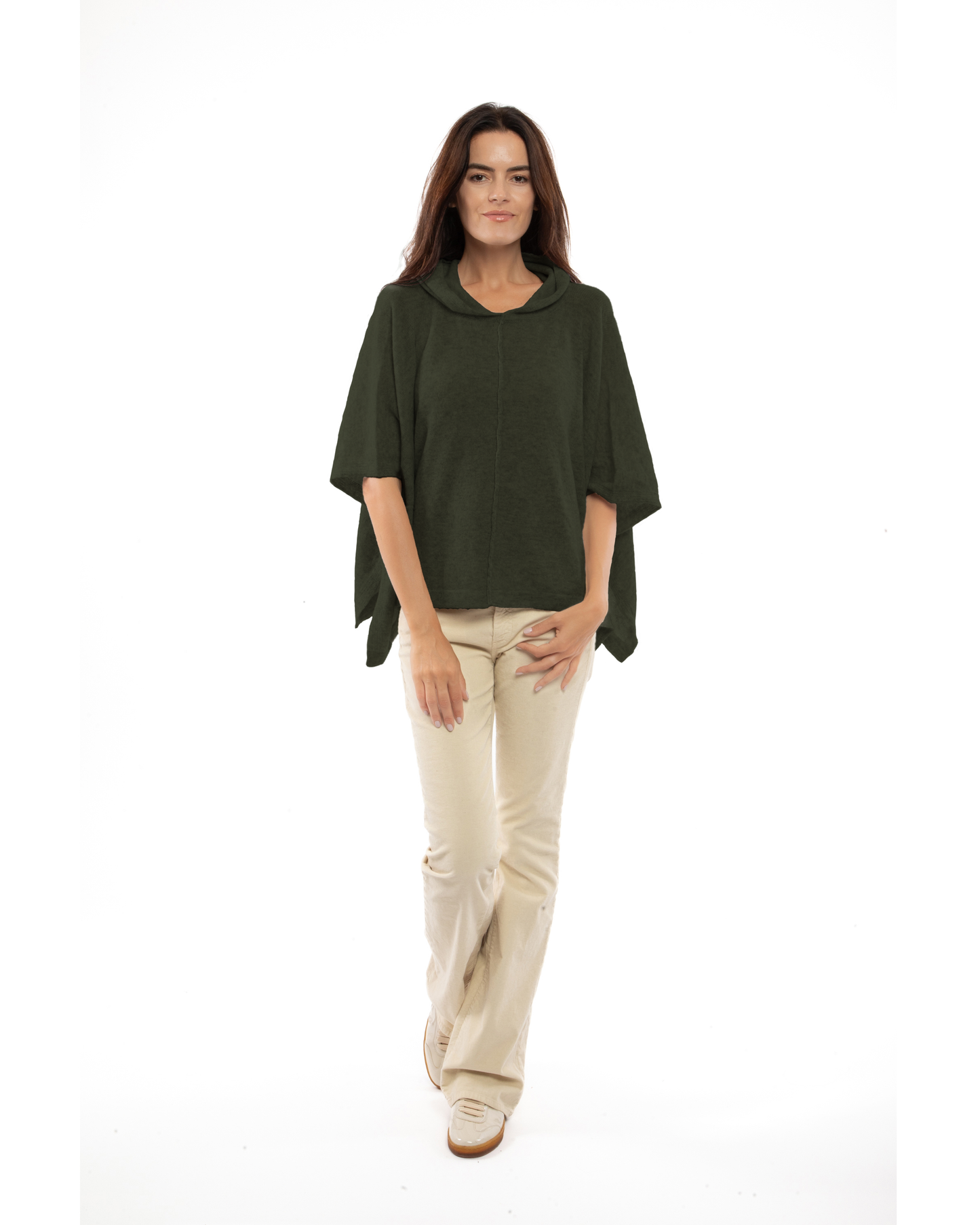 Women's Cashmere Button Hoodie Poncho Olive Green