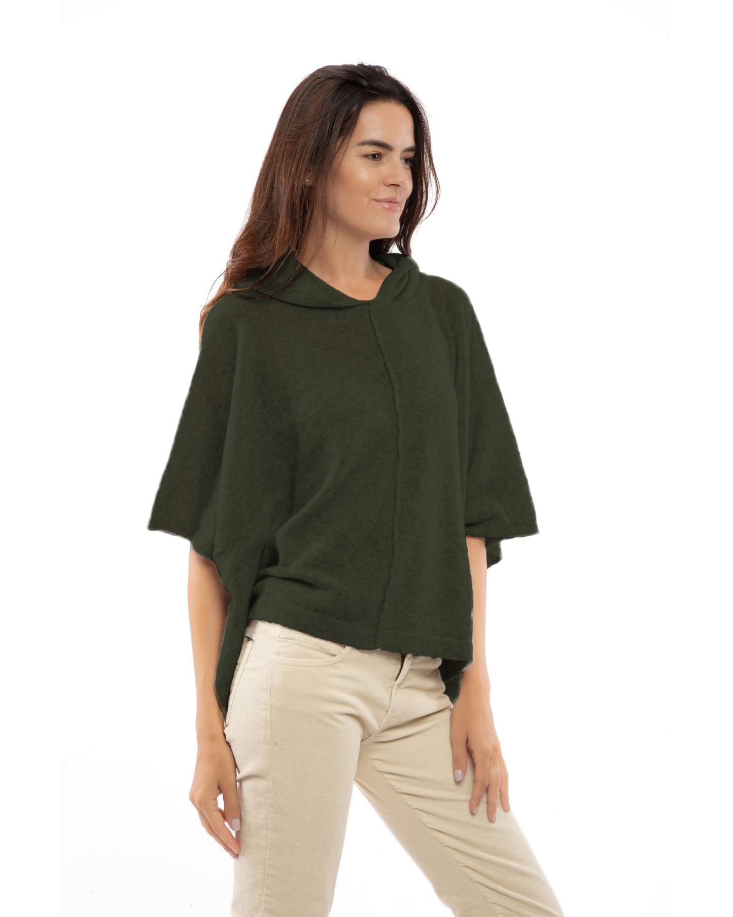 Women's Cashmere Button Hoodie Poncho Olive Green