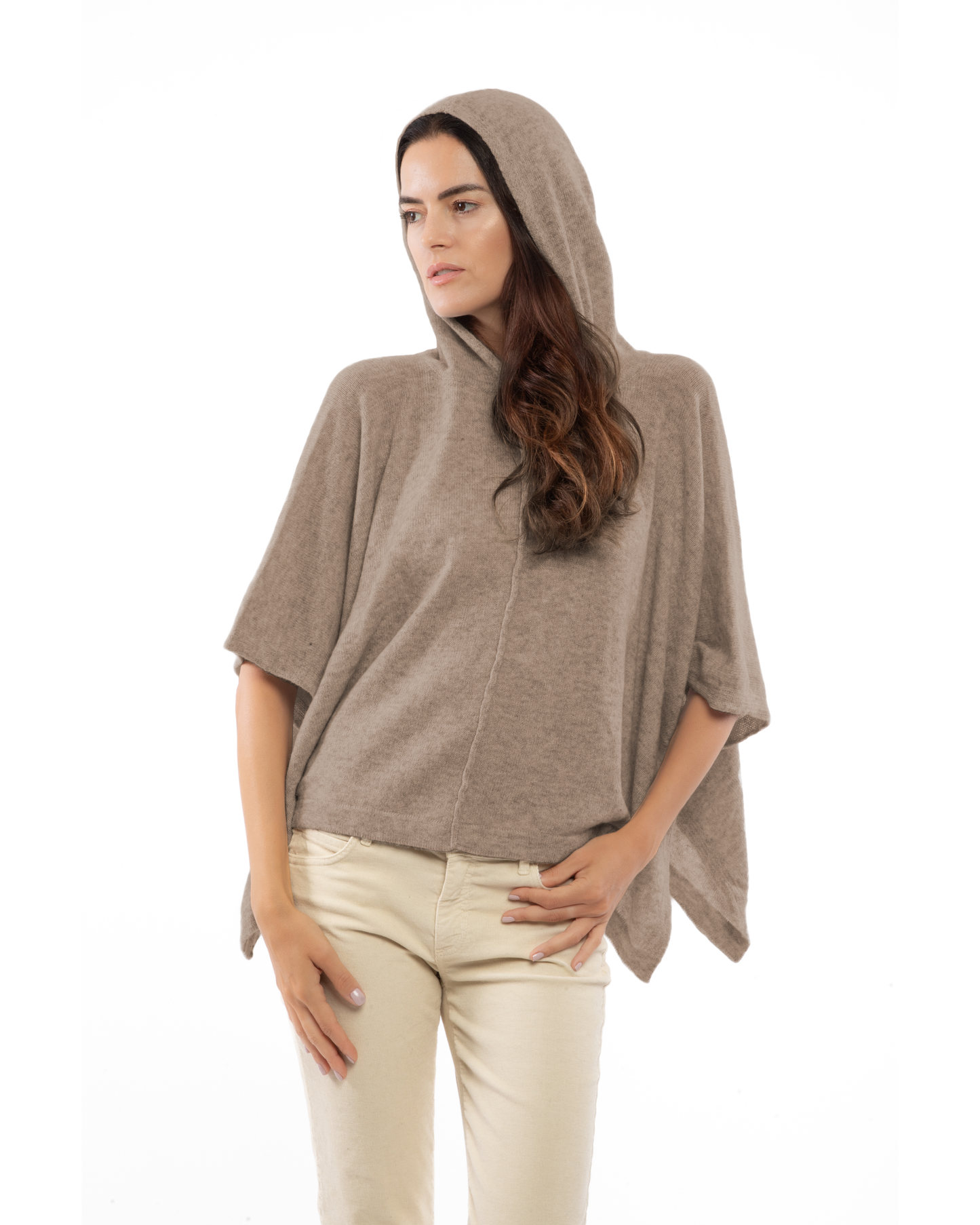 Women's Cashmere Button Hoodie Poncho Taupe