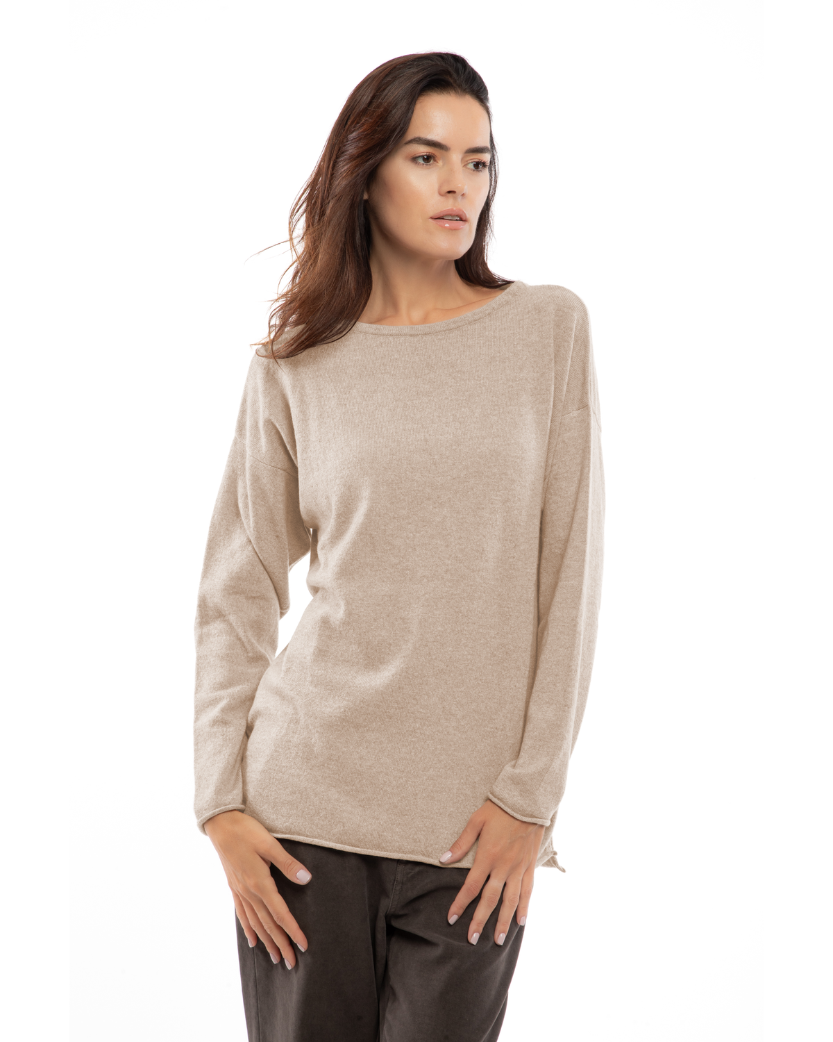 Front view of the beige relaxed cashmere boatneck sweater
