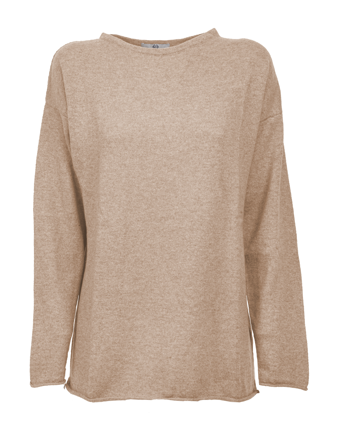 Beige relaxed cashmere boatneck sweater displayed from the front