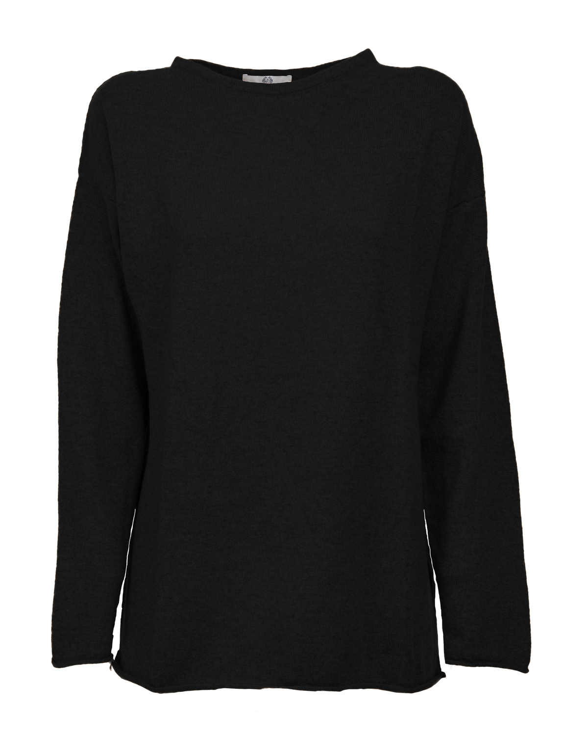 Black cashmere boatneck sweater, shown from the front.