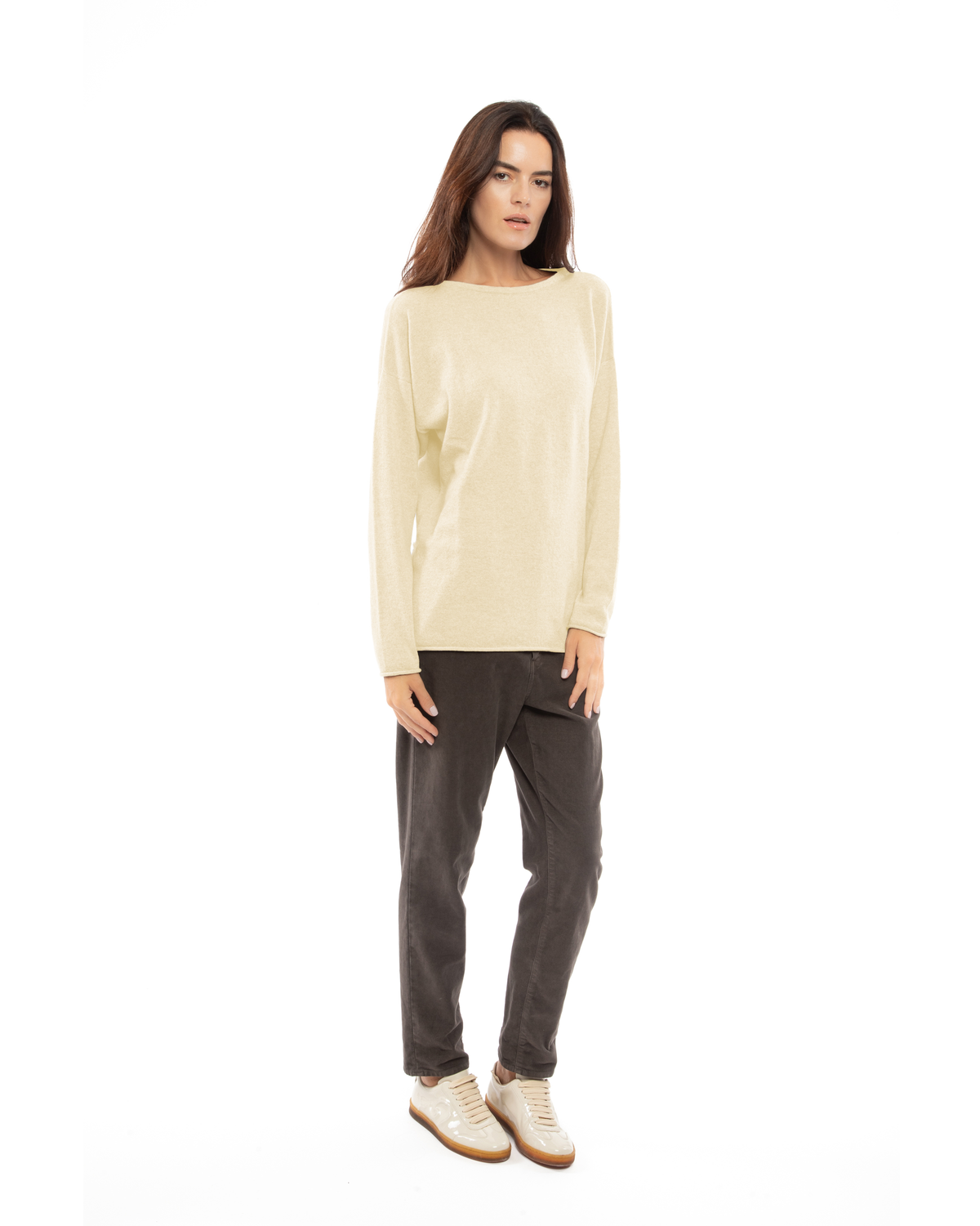 Model wearing the butter yellow relaxed cashmere boatneck sweater