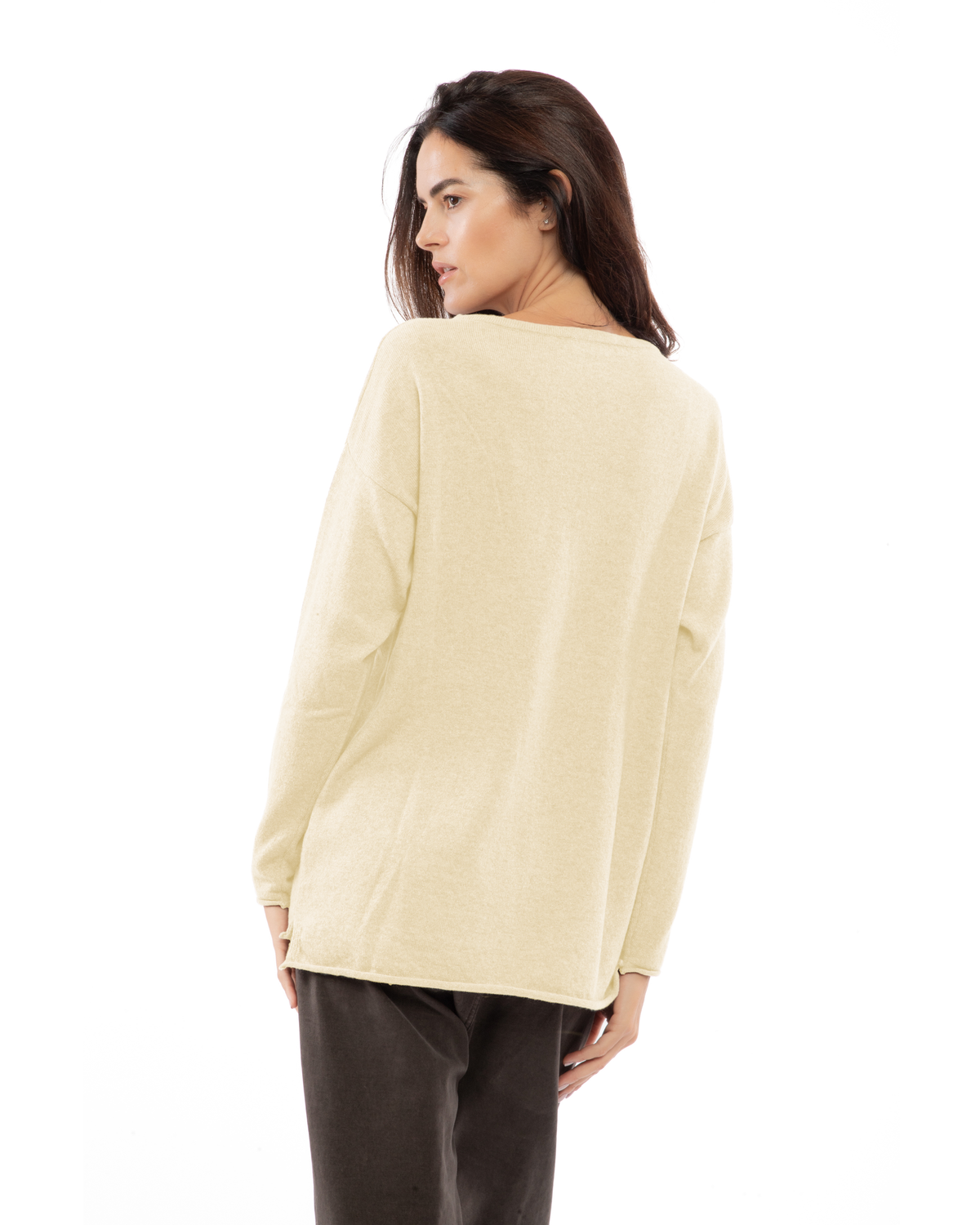 Butter yellow cashmere relaxed maxi boatneck sweater, back view on a model.