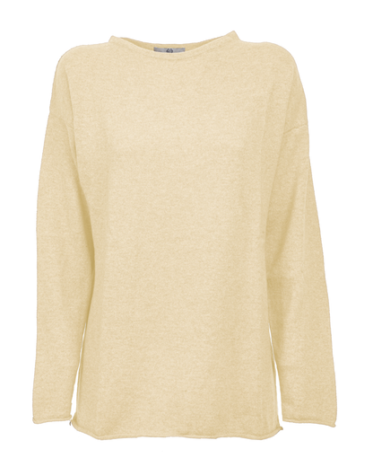 Butter yellow cashmere boatneck sweater, shown from the front.