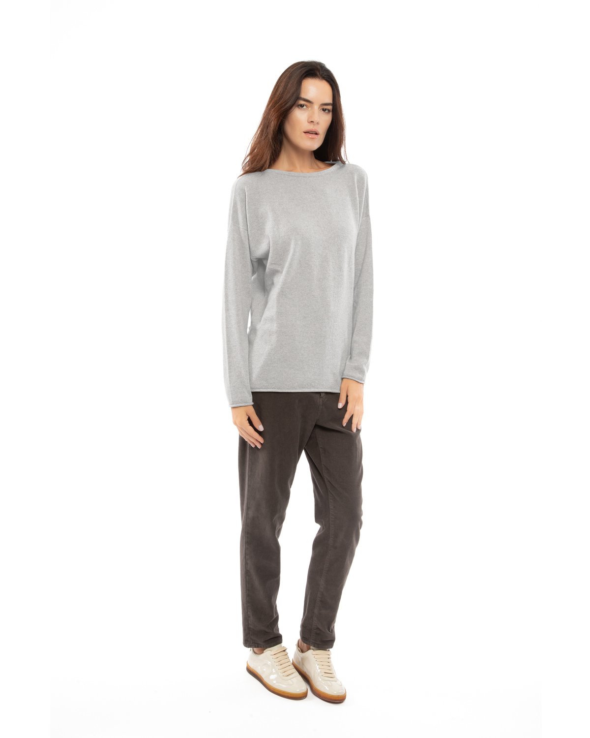 Light gray cashmere relaxed maxi boatneck sweater, front view on a model.