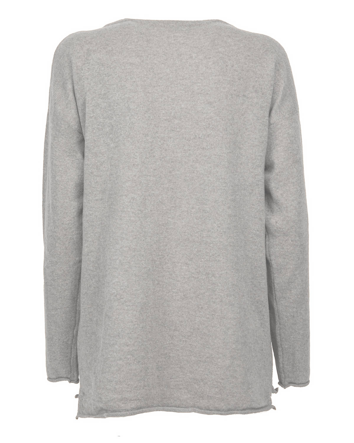 Light gray cashmere relaxed maxi boatneck sweater, back view.