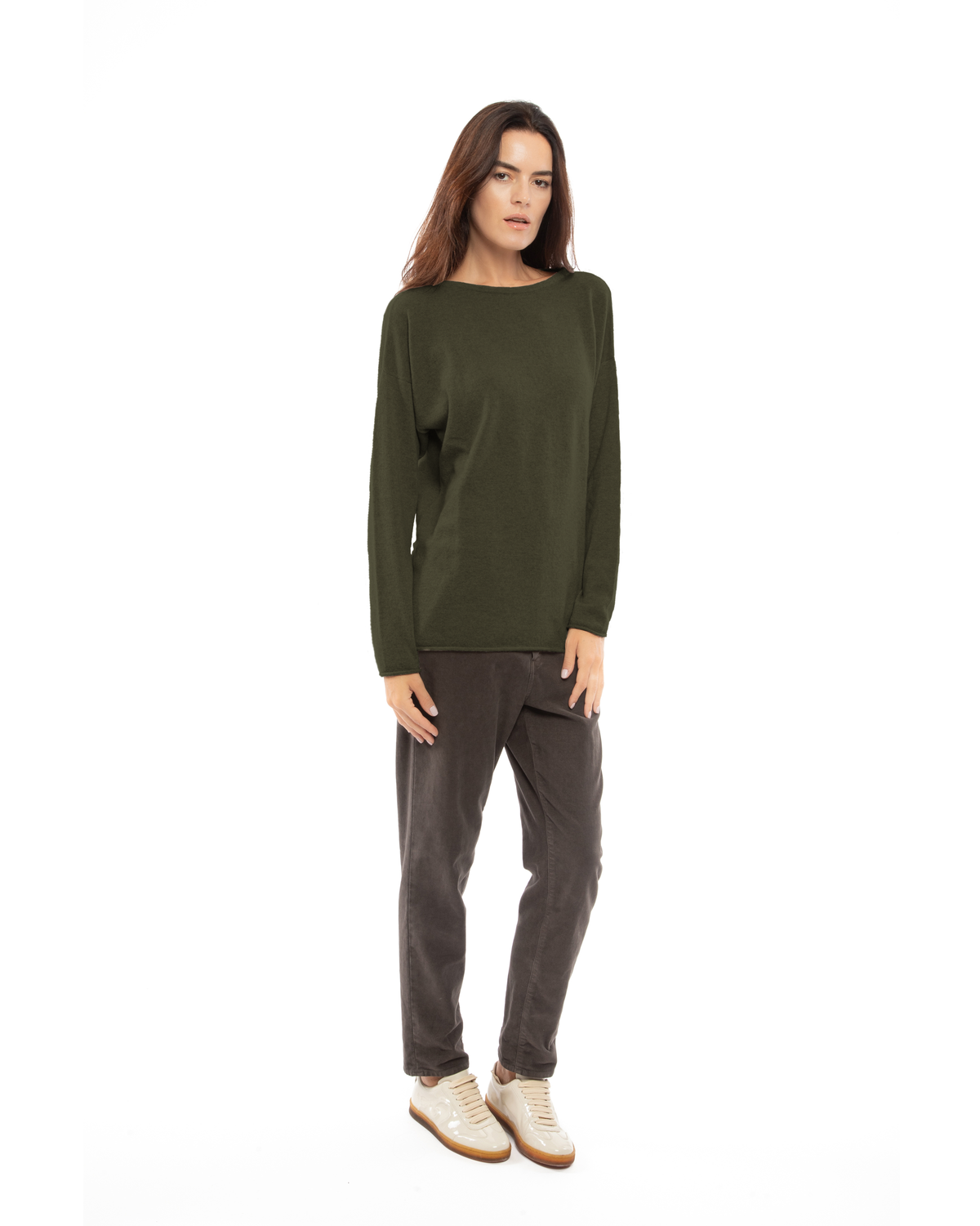 Model wearing a cashmere relaxed maxi boatneck sweater in olive green, front view