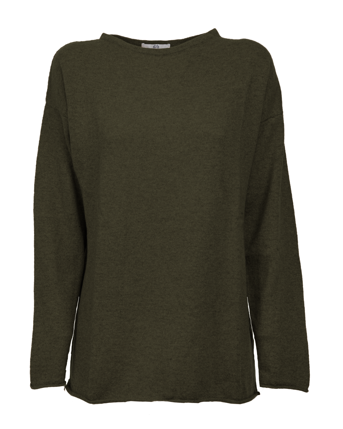 Olive green cashmere relaxed maxi boatneck sweater, front view.